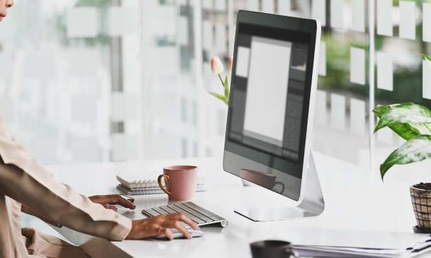 A woman is standing at a desk workstation. She uses the mouse to navigate the computer monitor; on the desk are a mug, books, and a plant. 
