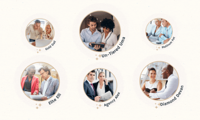 This is an image of several of our Buyer Personas. Gold Gail, Un-Tiered Uma, Platinum Pat, Elite Elli, Agency Alex, and Diamond Devan. Each image is in a circular frame and shows two people in various business attire and business scenarios.