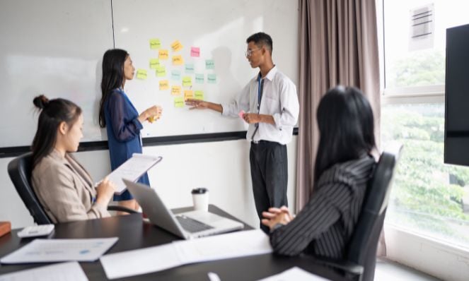 A group of four people in a conference room, two sitting, two standing. The two standing are next to a whiteboard with many stick notes on it with writing on them. One seated person is holding a notepad of paper and the other is seated in front of her open laptop with a disposable coffee cup.
