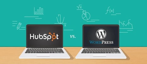 HubSpot logo on the screen of a cartoon laptop next to a WordPress logo on the screen of another cartoon laptop
