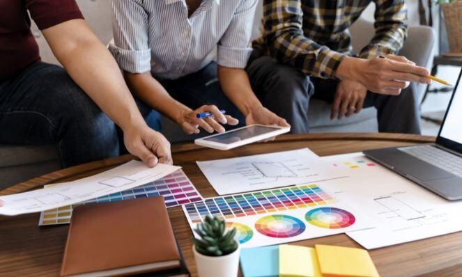 Agency staff members working together with papers on a desk.