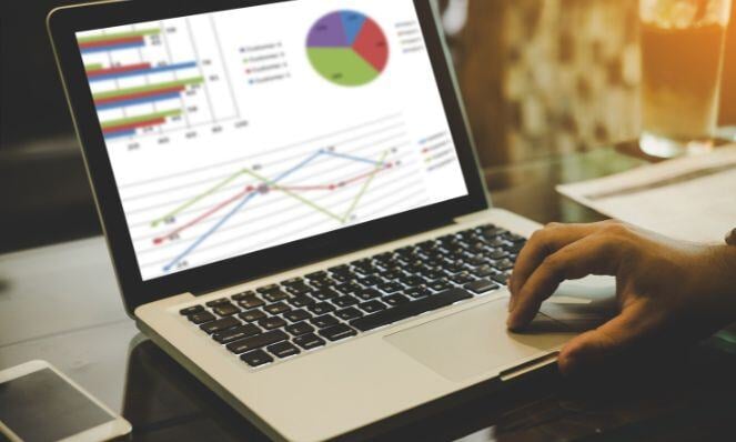 Person working on the laptop with reports showing on the screen.