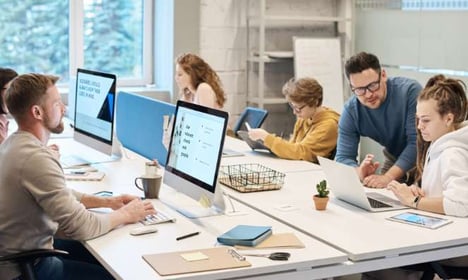 Several team members working on computers, seated at one large table. Windows in the background of the image.